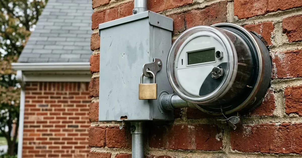 Padlocked exterior AC disconnect switch adjacent to a residential electric meter on brick siding. — SolarNevs spec card