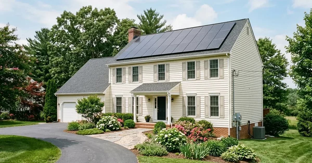 Colonial residential home in Maryland with rooftop solar panels and landscaped garden. — SolarNevs spec card
