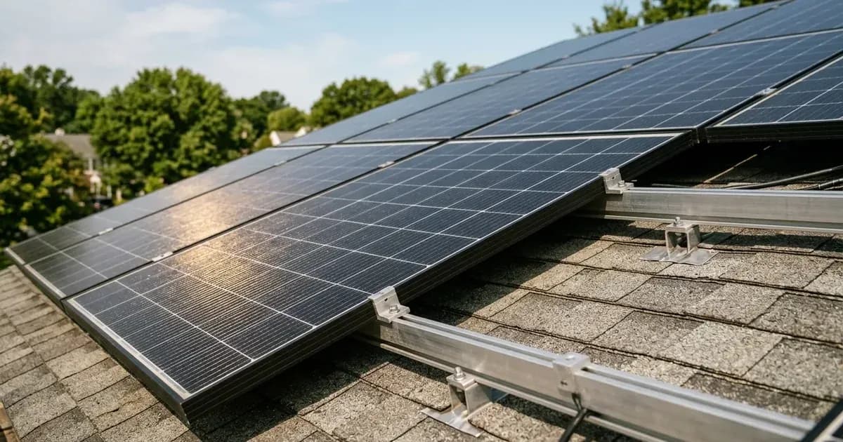 Close-up of residential monocrystalline solar panels and aluminum mounting rails on a roof. — SolarNevs spec card