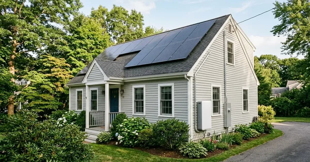 Massachusetts Cape Cod home with rooftop solar panels and exterior battery storage unit. — SolarNevs spec card