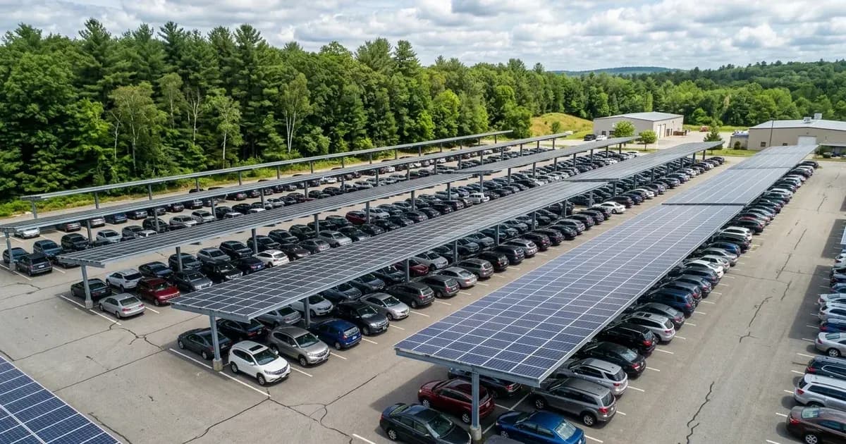 Elevated view of commercial solar carport canopies covering parking rows in Massachusetts. — SolarNevs spec card