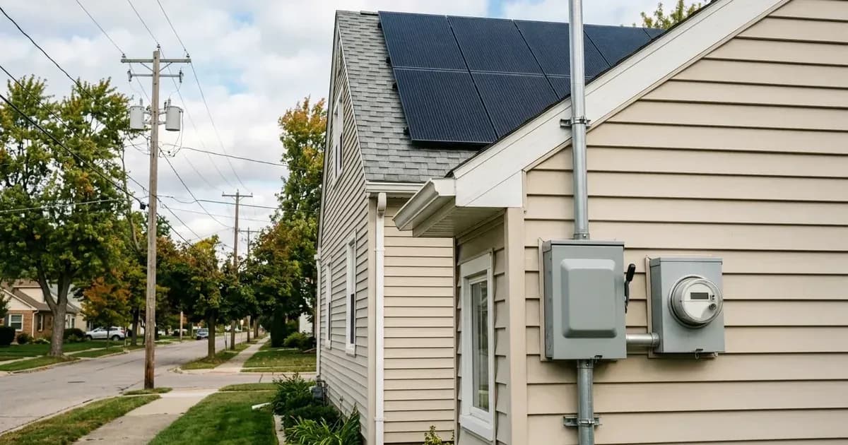 Residential solar AC disconnect and meter on house siding with utility power lines in background. — SolarNevs spec card