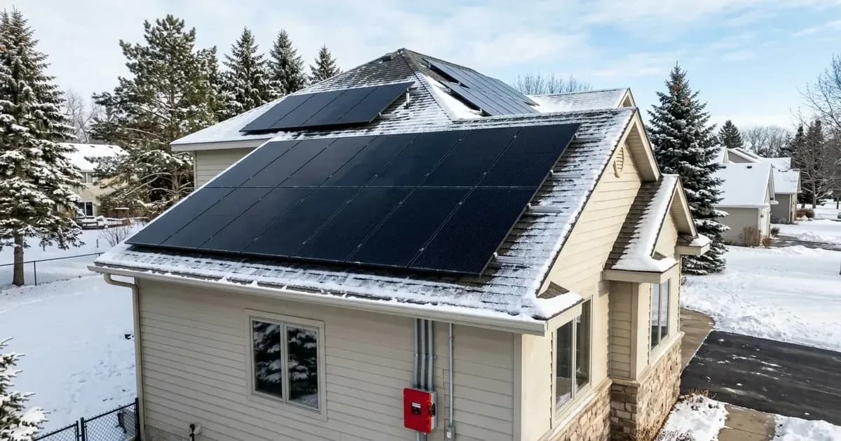 Rooftop solar panel installation in snowy Minnesota with an exterior rapid shutdown switch on the wall. — SolarNevs spec card