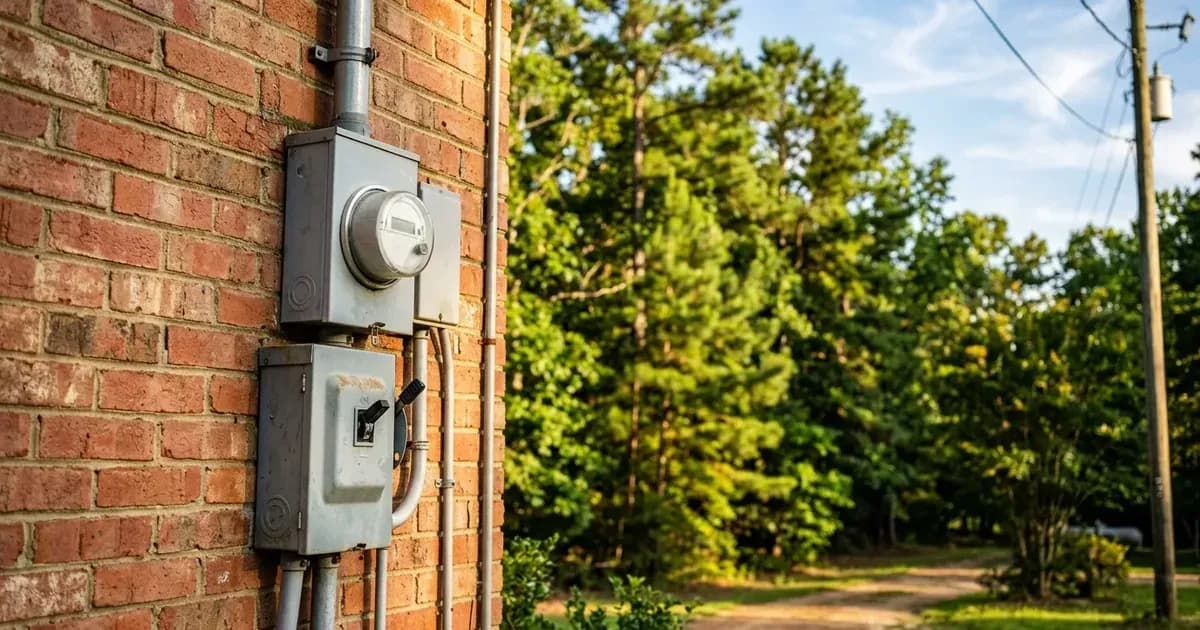 Outdoor electric utility meter and solar AC disconnect switch on a residential brick wall in Mississippi. — SolarNevs spec card