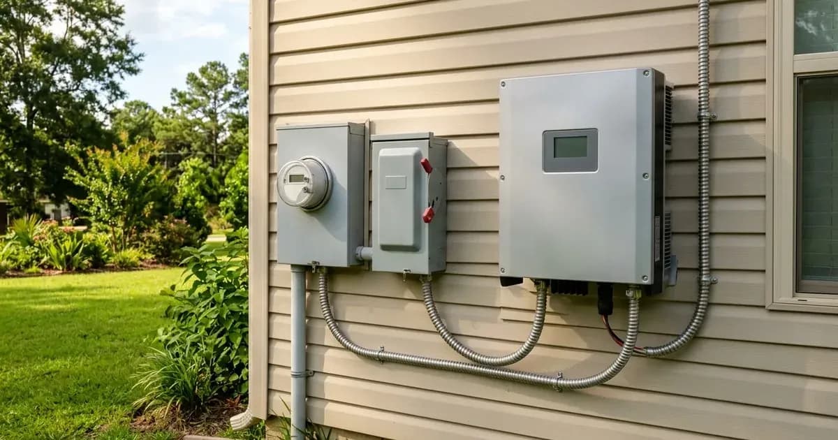 Exterior residential solar interconnection equipment with utility meter, AC disconnect, and inverter in Mississippi. — SolarNevs spec card