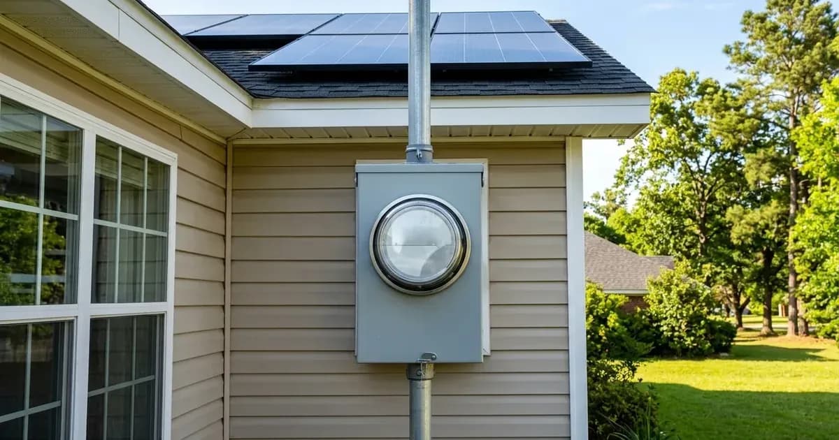 Outdoor bi-directional utility electric meter on residential siding with rooftop solar panels in Mississippi. — SolarNevs spec card
