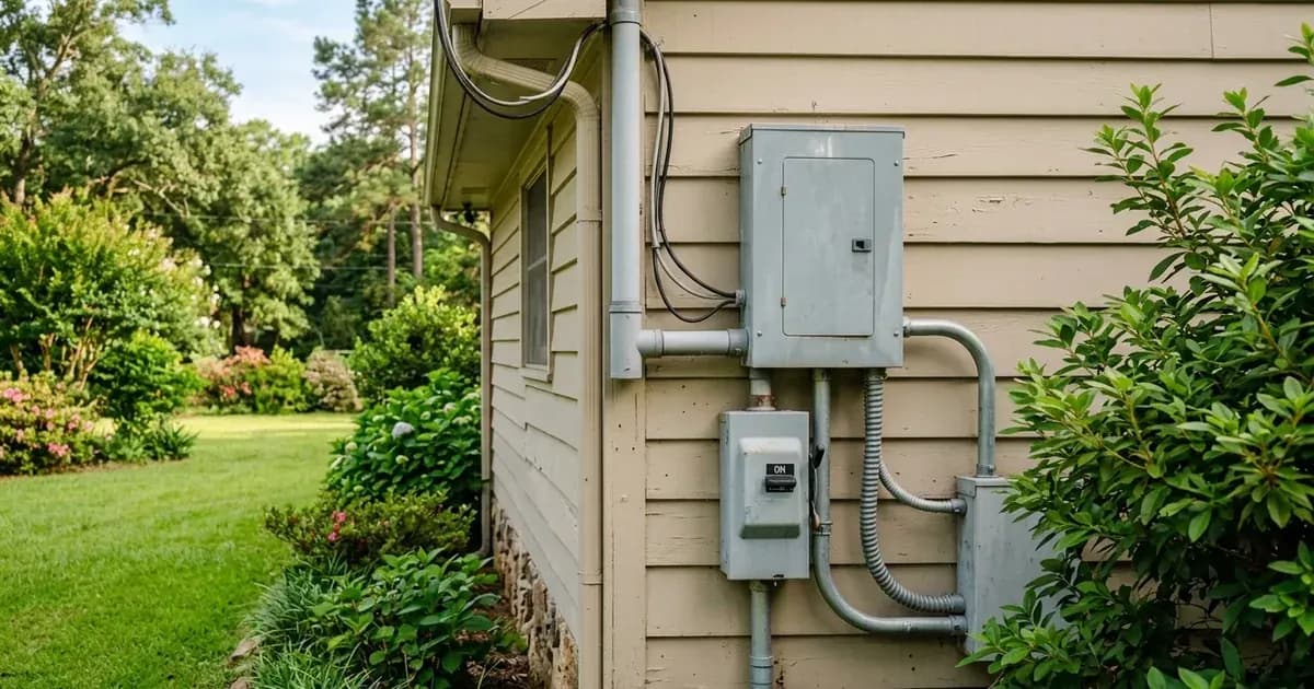 Outdoor electrical service panel and AC disconnect switch mounted on exterior siding of a Mississippi home. — SolarNevs spec card