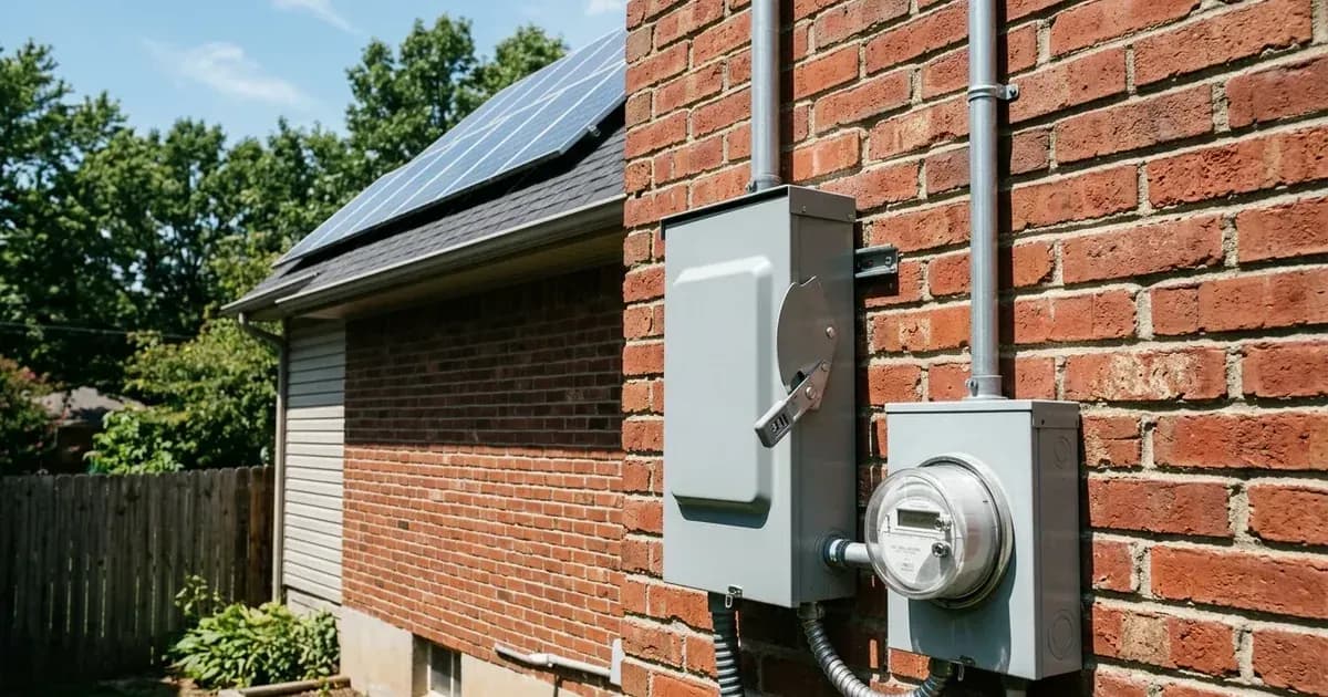 Solar AC disconnect switch and electric meter mounted on a residential brick wall with rooftop panels in Missouri. — SolarNevs spec card