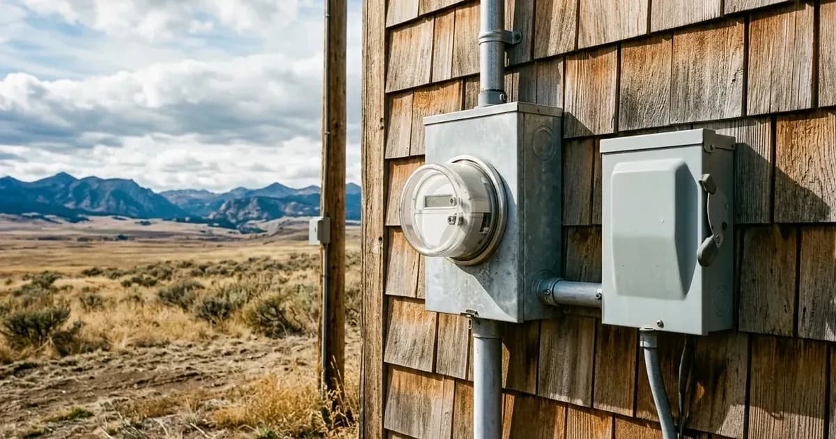 Outdoor utility meter and AC disconnect switch on cedar shake siding overlooking a rural Montana landscape. — SolarNevs spec card