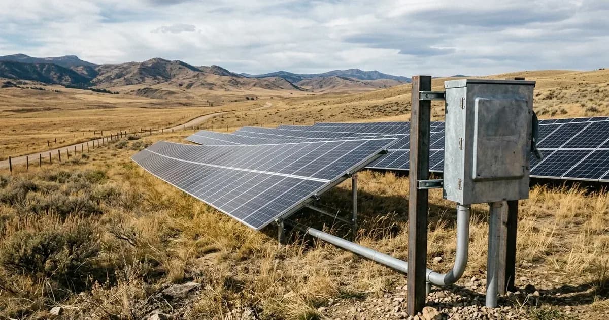 Ground-mounted solar panel array and electrical disconnect box on a rural ranch in Montana. — SolarNevs spec card