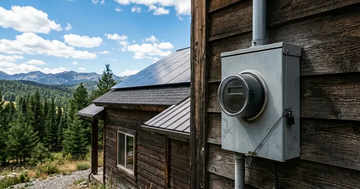 Outdoor utility electric meter on timber siding of a mountain home with rooftop solar panels in Montana. — SolarNevs spec card