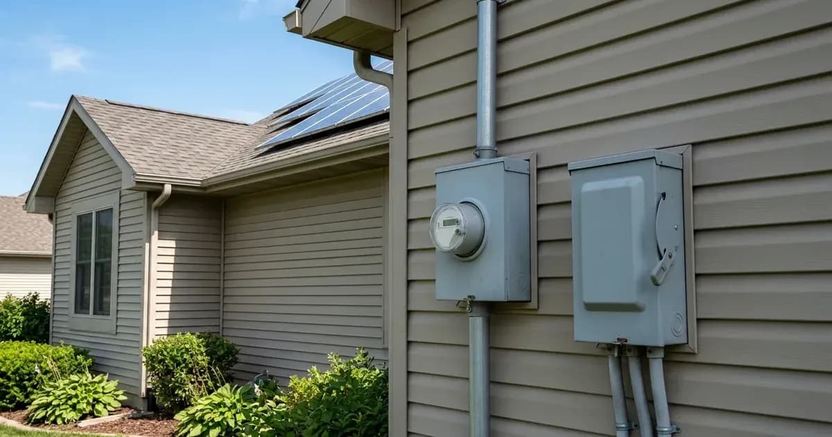 Outdoor electrical service meter and AC disconnect box on siding with rooftop solar panels in Nebraska. — SolarNevs spec card