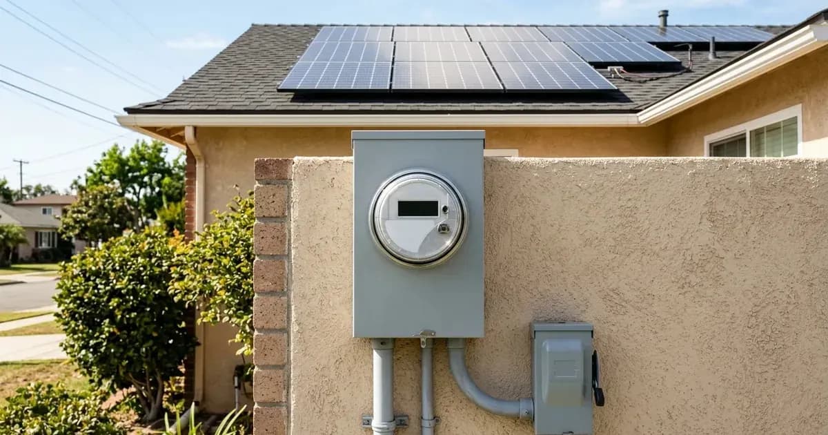 Outdoor electric utility smart meter mounted outside a home with rooftop solar panels in bright sunshine. — SolarNevs spec card
