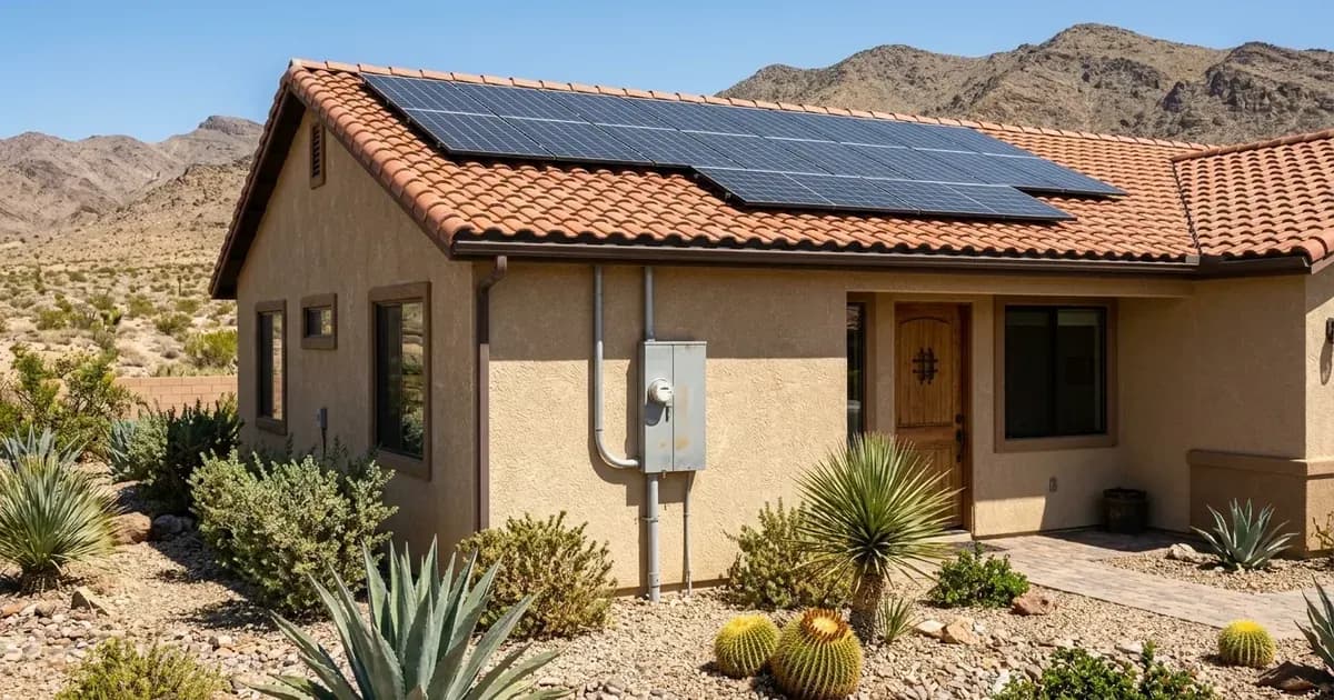 Rooftop solar panels and electric utility meter on a desert stucco home with tile roof in Nevada. — SolarNevs spec card