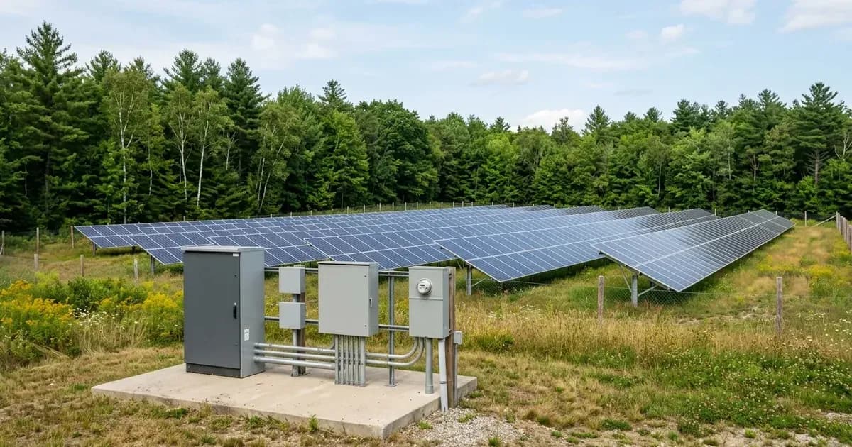 Ground-mounted community solar panel array and electrical connection pad in rural New Hampshire. — SolarNevs spec card