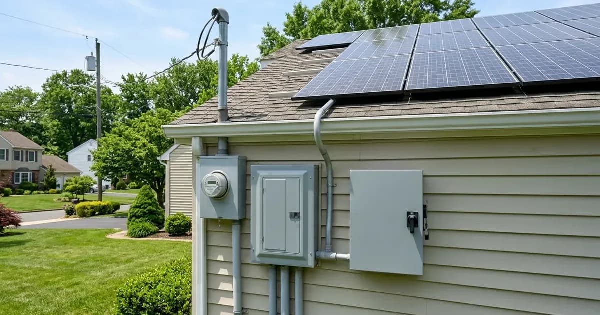 Outdoor electrical service panel, AC disconnect, and rooftop solar panels on a suburban New Jersey home. — SolarNevs spec card