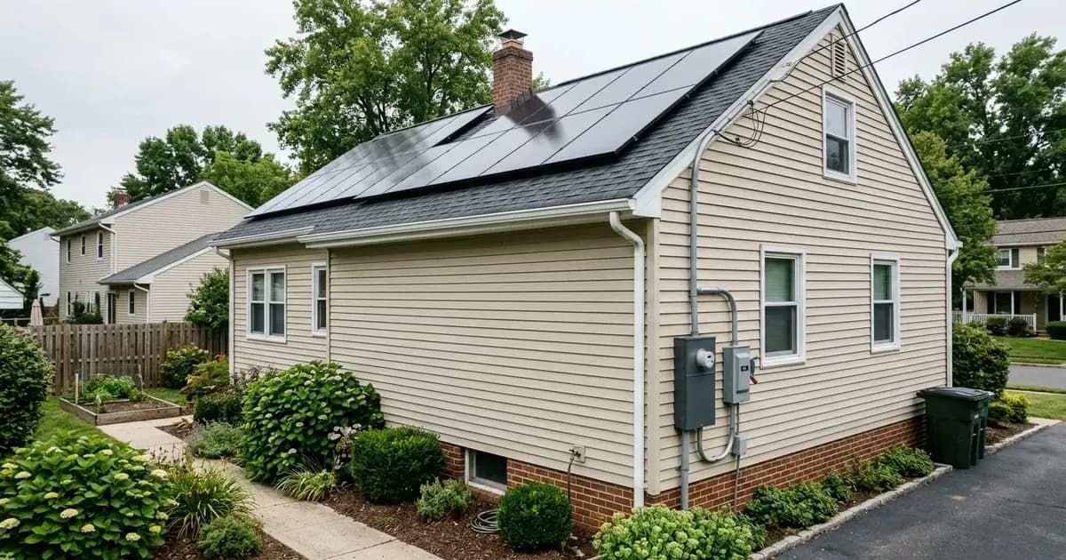 Suburban New Jersey home with rooftop solar panels, exterior utility meter, and AC disconnect box — SolarNevs spec card