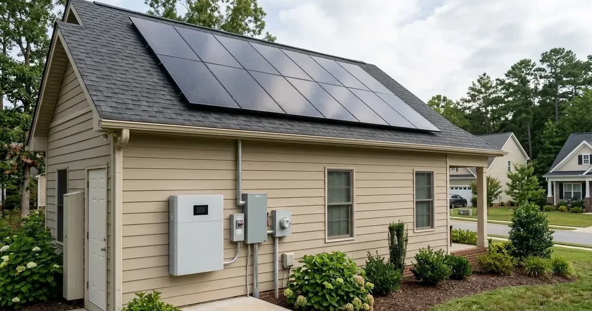 Rooftop solar panels and wall-mounted battery storage unit installed on a residential suburban home. — SolarNevs spec card