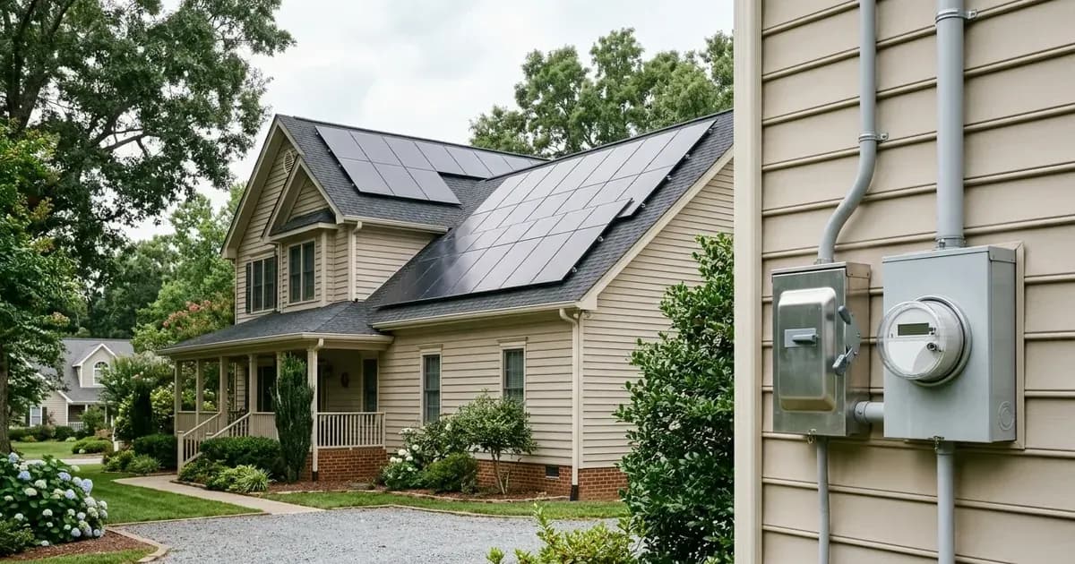 Residential rooftop solar installation and utility net meter box on a suburban house. — SolarNevs spec card
