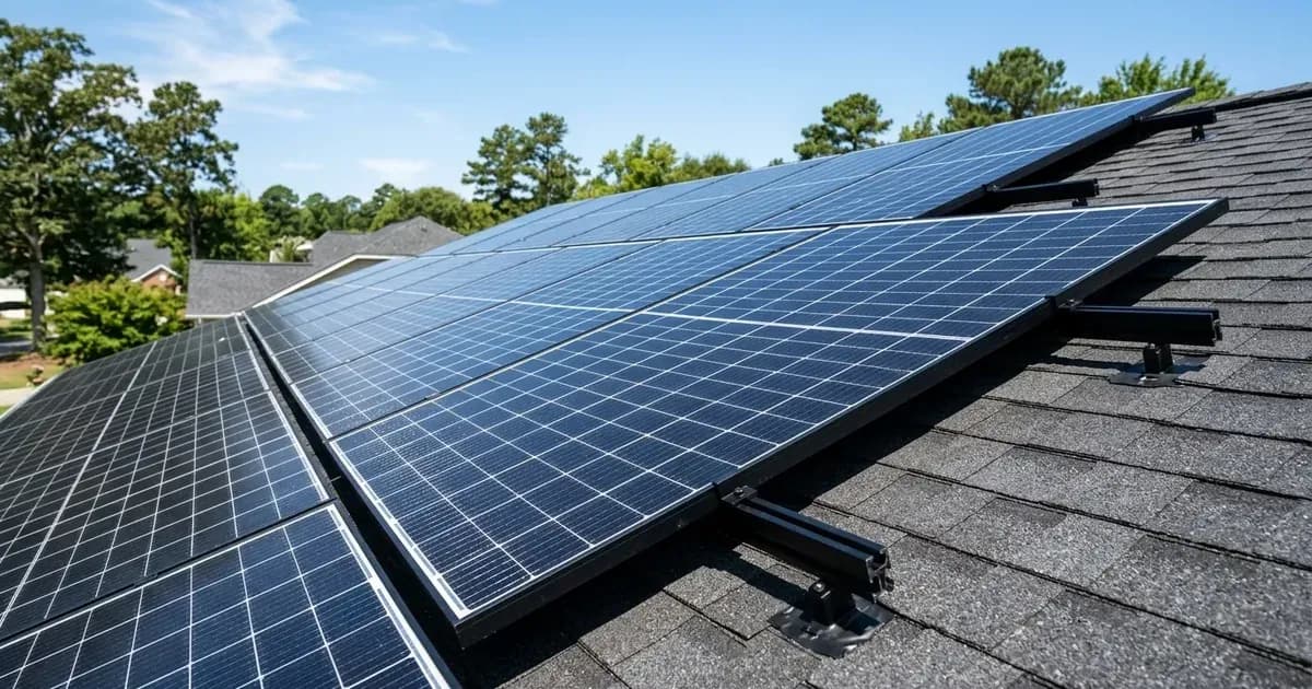 Close-up of residential solar panels installed on an asphalt shingle roof under a clear blue sky. — SolarNevs spec card
