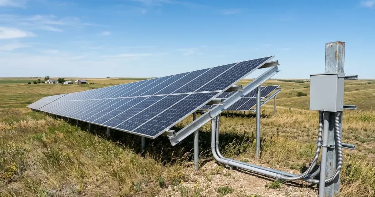 Ground-mounted solar panel array and electrical disconnect post on a rural North Dakota prairie. — SolarNevs spec card