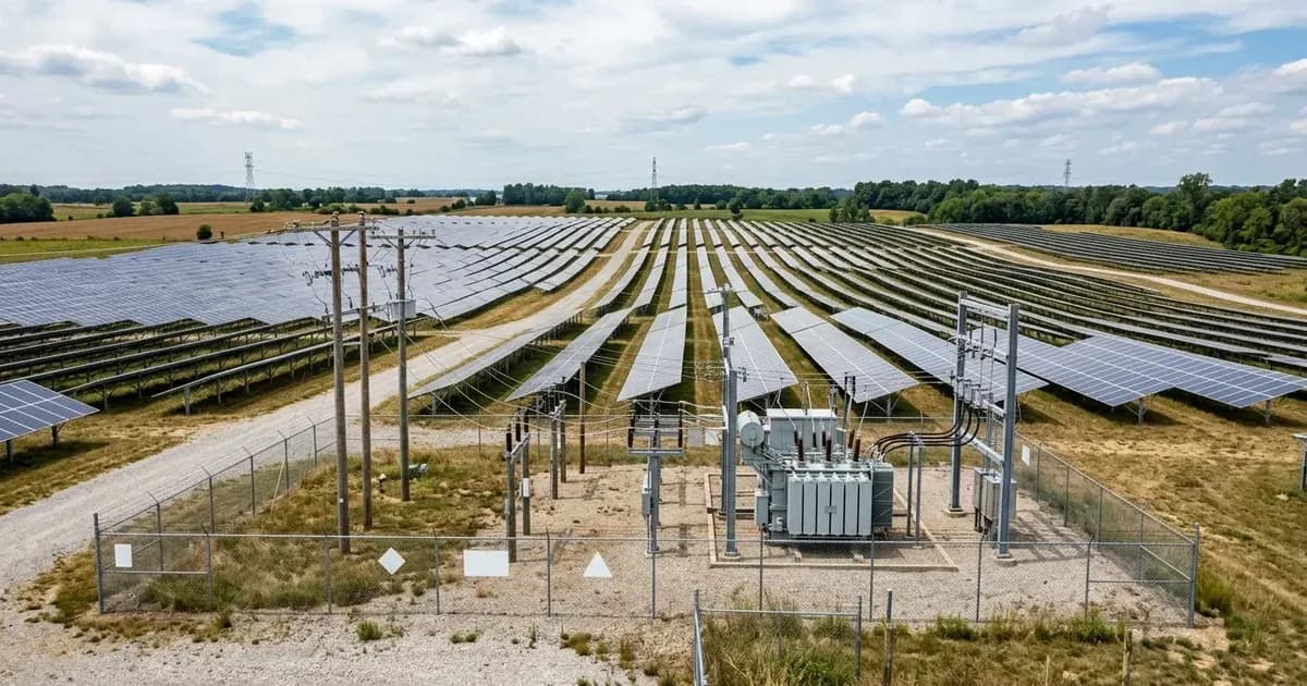 Large utility-scale solar farm and electrical interconnection substation in a rural landscape. — SolarNevs spec card