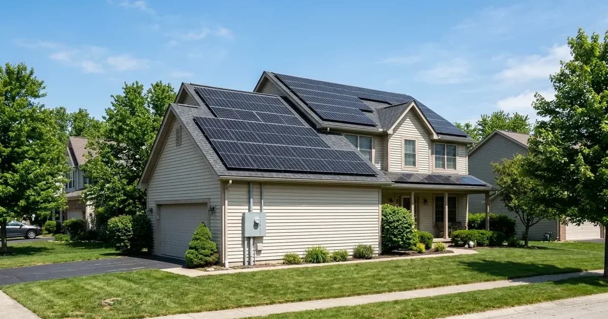Residential rooftop solar panels covering multiple roof facets on a suburban house with utility meter. — SolarNevs spec card