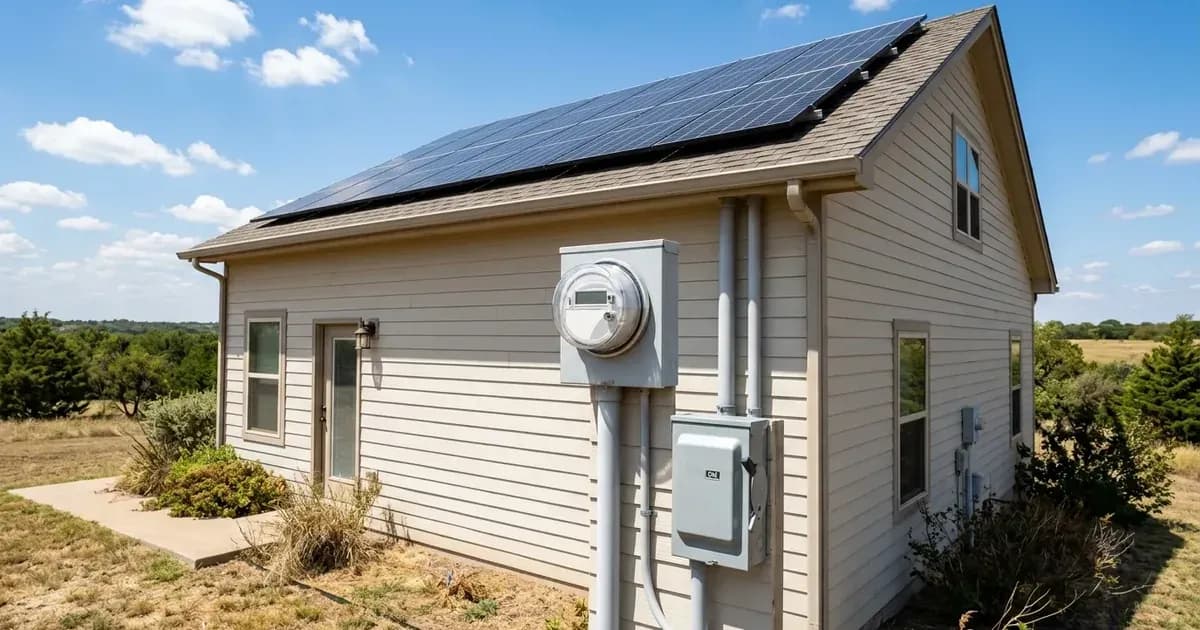 Residential rooftop solar panels, utility net meter, and AC disconnect switch on an Oklahoma home. — SolarNevs spec card