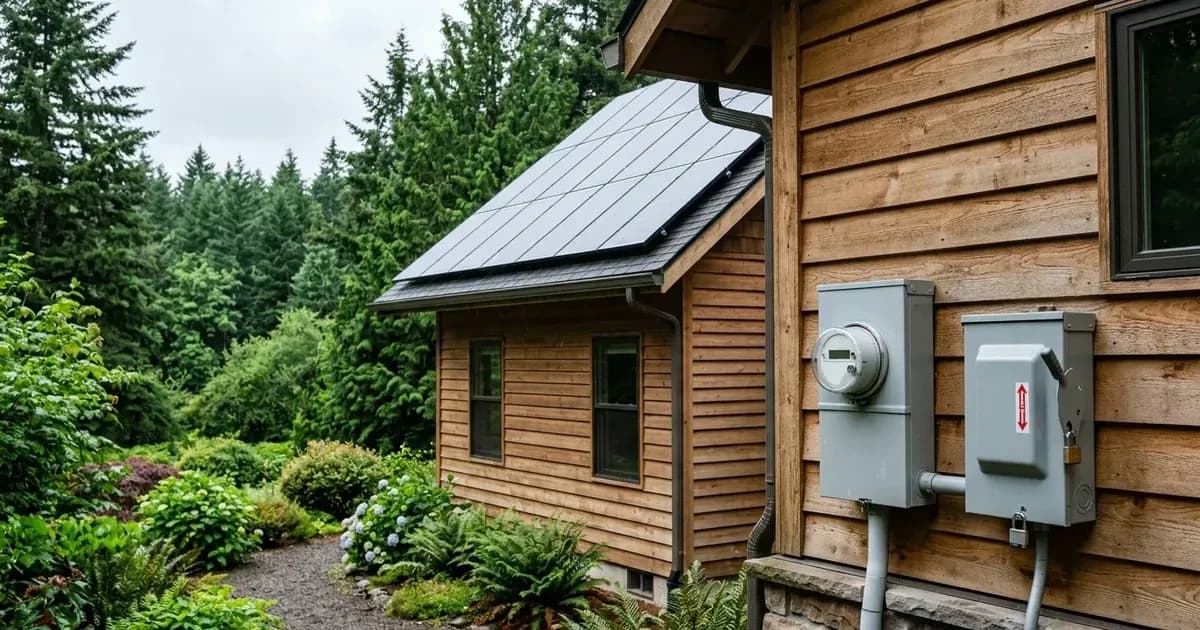 Residential rooftop solar array and exterior electric utility meter with disconnect switch on an Oregon home. — SolarNevs spec card