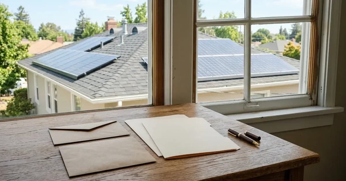 Paper folders on a desk by a window overlooking a residential rooftop solar panel installation. — SolarNevs spec card