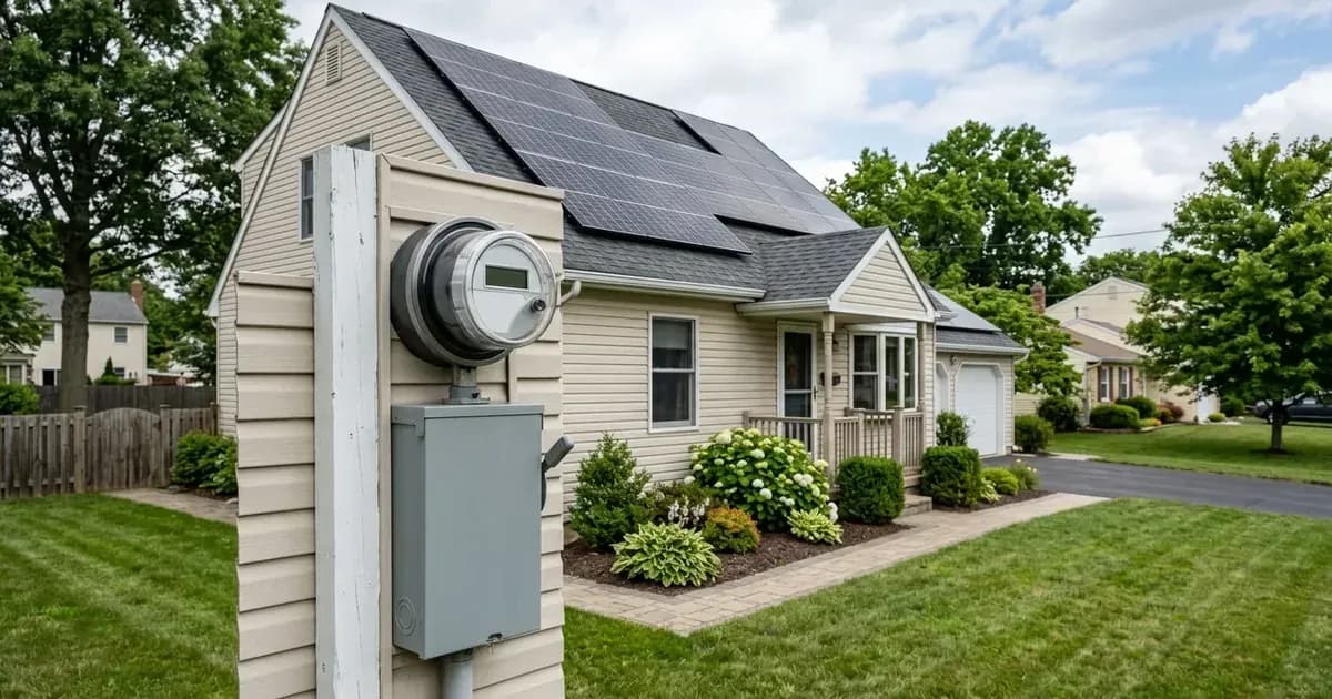 Residential solar panels on roof with an exterior bidirectional utility electric meter on the house wall. — SolarNevs spec card