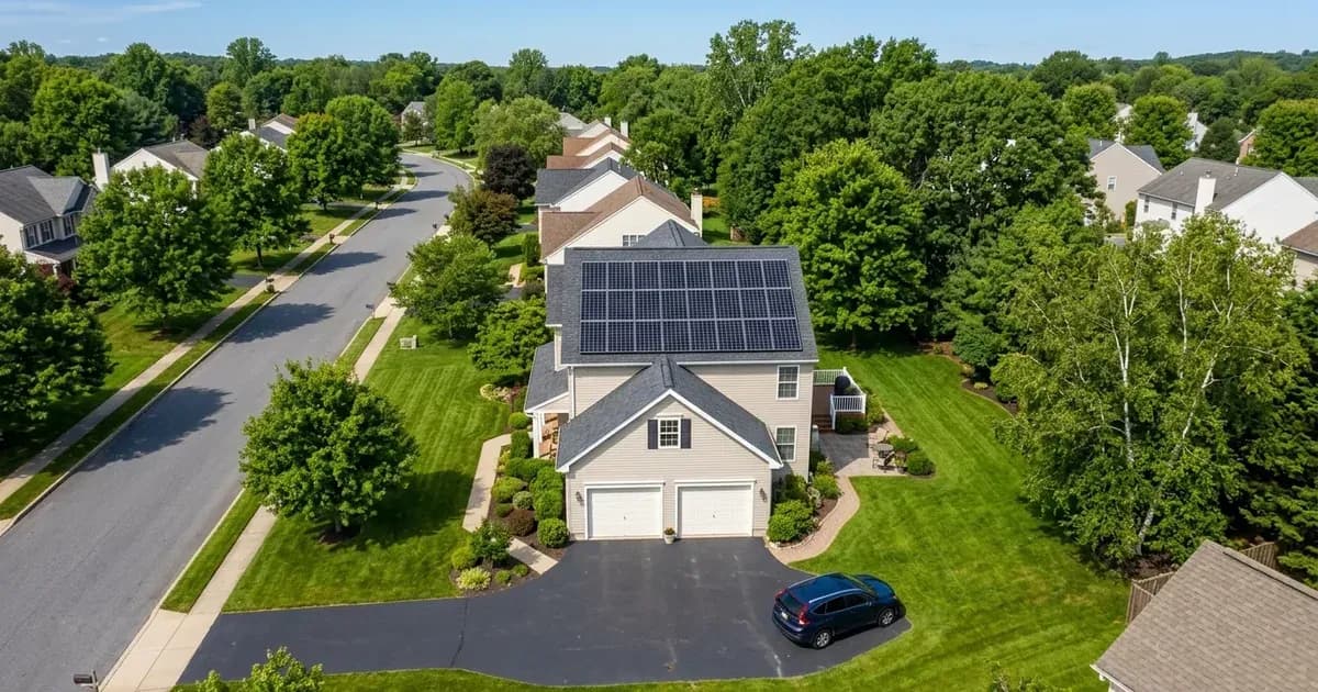 Aerial overhead view of residential rooftop solar panels on a suburban home in Pennsylvania. — SolarNevs spec card