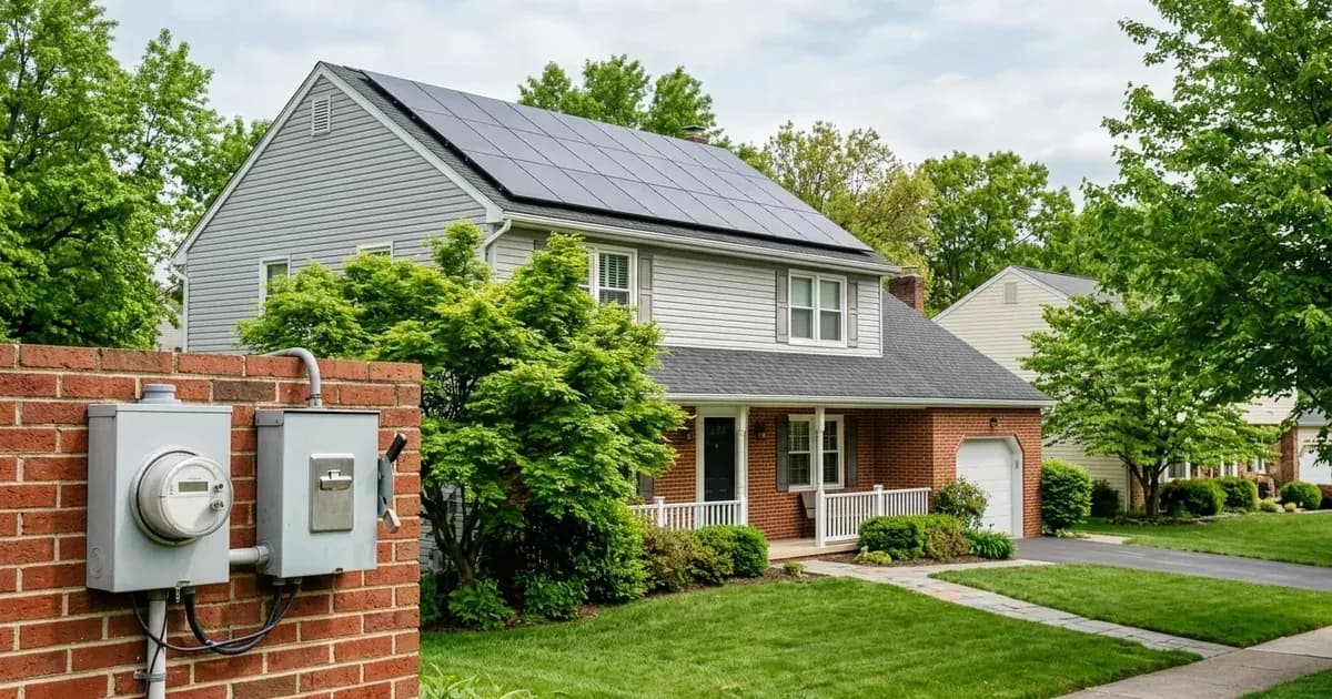 Residential rooftop solar array and exterior AC disconnect switch with utility meter on a Pennsylvania house. — SolarNevs spec card