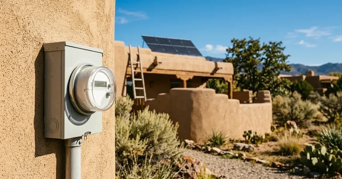Exterior utility electric smart meter on an adobe home wall with rooftop solar array in New Mexico. — SolarNevs spec card