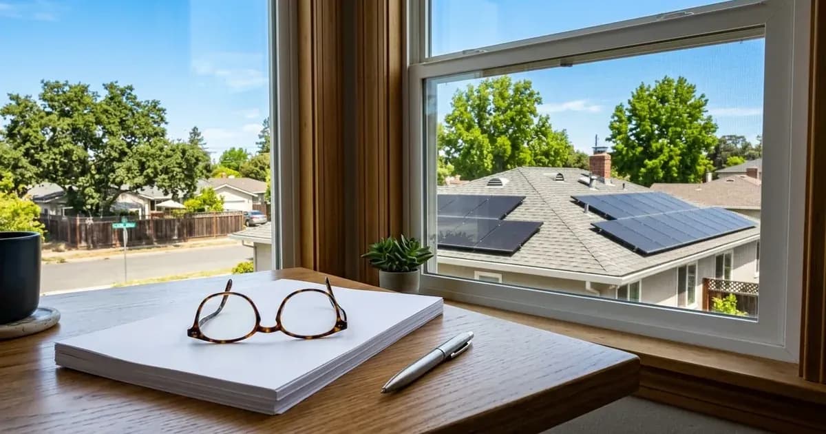 Paper documents and reading glasses on a desk overlooking a residential rooftop solar panel installation. — SolarNevs spec card
