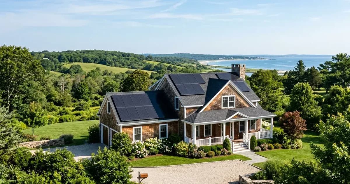 Residential rooftop solar panel installation overlooking scenic coastal surroundings in Rhode Island. — SolarNevs spec card