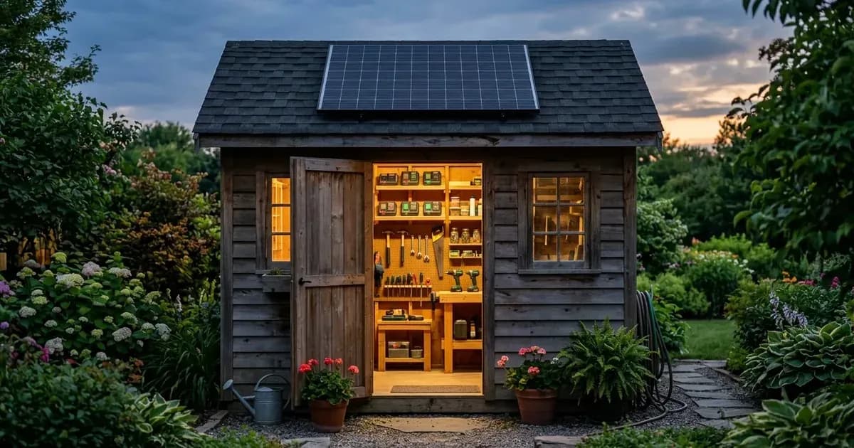 Wooden garden shed at dusk with a rooftop solar panel and warm interior workshop lighting. — SolarNevs spec card