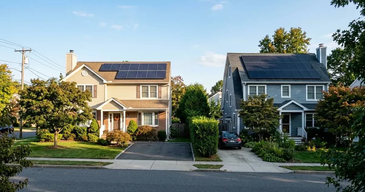 Two neighboring suburban houses with rooftop solar panels on a residential street. — SolarNevs spec card