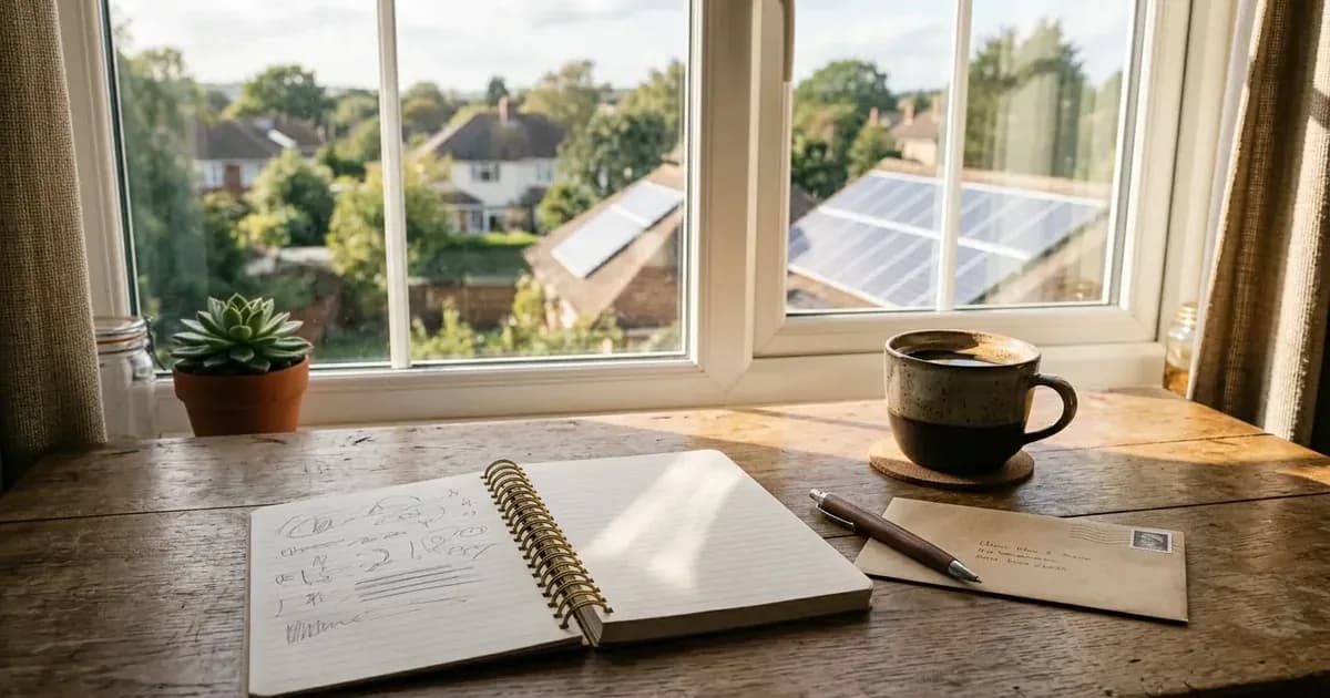 Notebook, pen, and coffee on a sunlit desk overlooking residential roofs with solar panels. — SolarNevs spec card