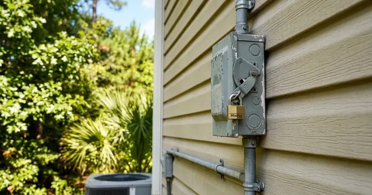 Utility-accessible AC disconnect switch with a padlock mounted on an exterior residential wall. — SolarNevs spec card