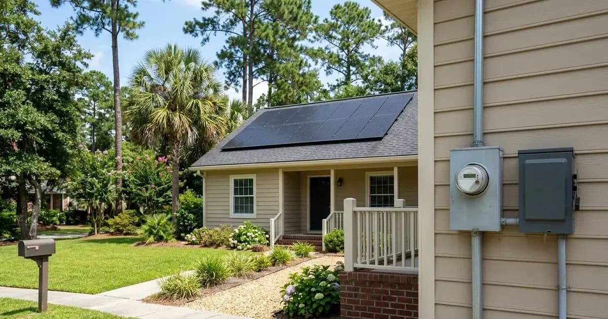 Residential solar array with electric meter and AC disconnect box mounted on an exterior wall. — SolarNevs spec card