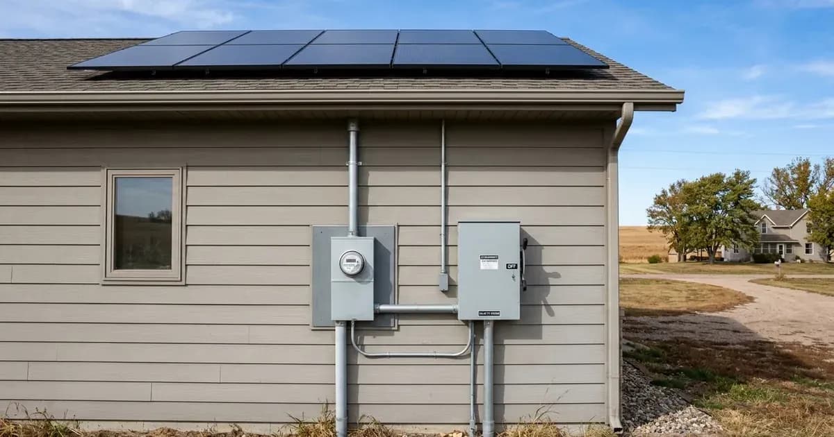 Exterior utility meter and AC disconnect box mounted below residential rooftop solar panels. — SolarNevs spec card