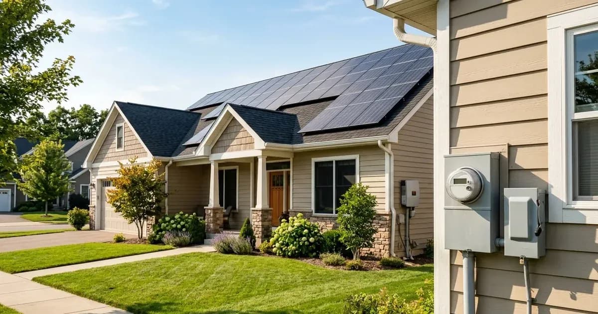 Rooftop solar panels on a suburban home with an exterior electric meter and utility AC disconnect box. — SolarNevs spec card