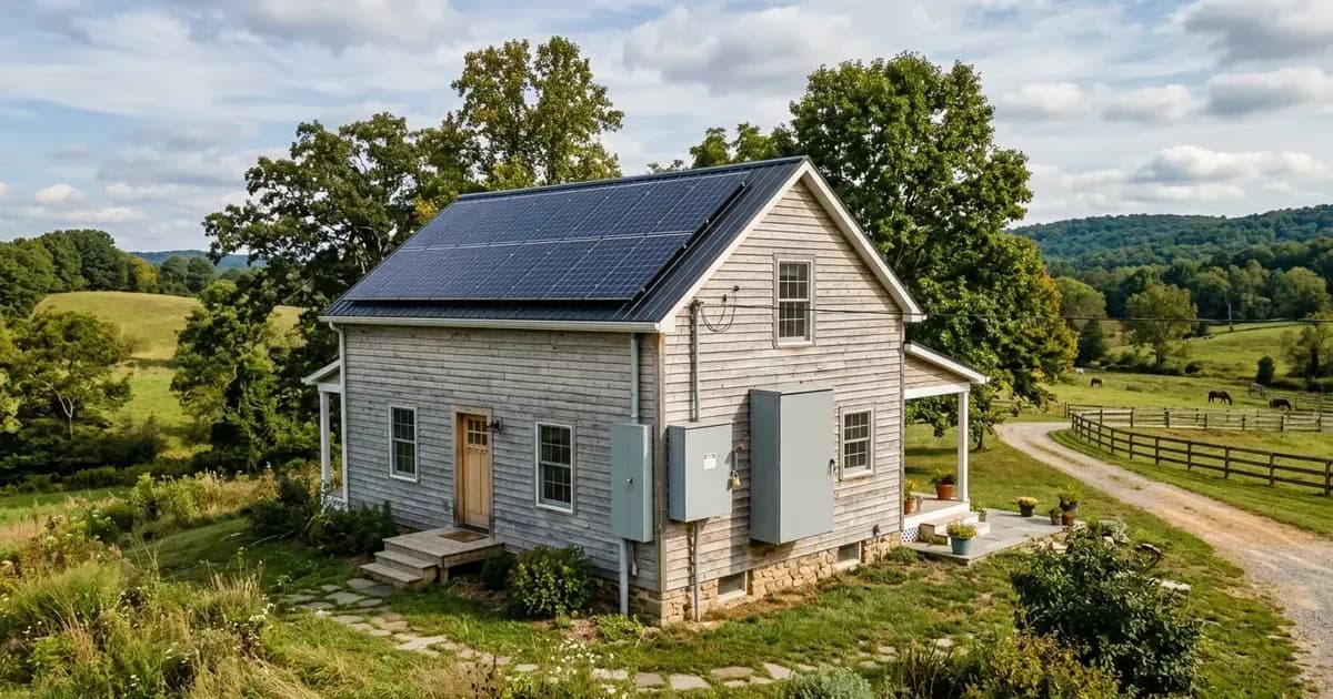 Roof-mounted solar panels on a rural home with an exterior electrical service panel and disconnect switch. — SolarNevs spec card