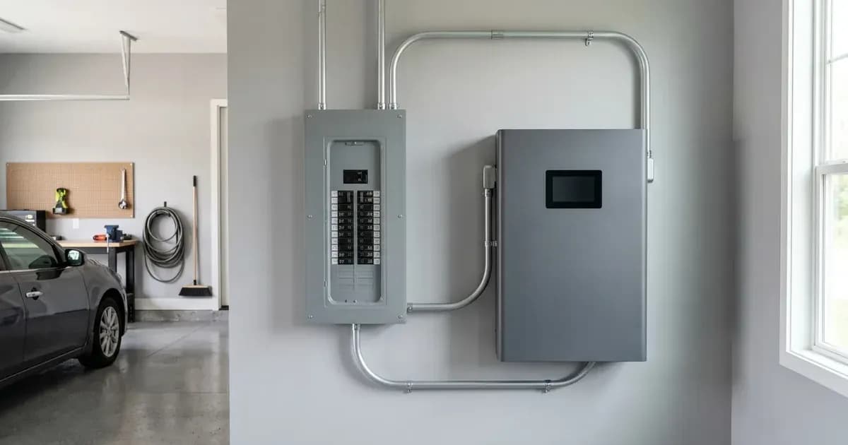 Residential battery storage unit installed beside a main electrical breaker panel on a garage wall. — SolarNevs spec card