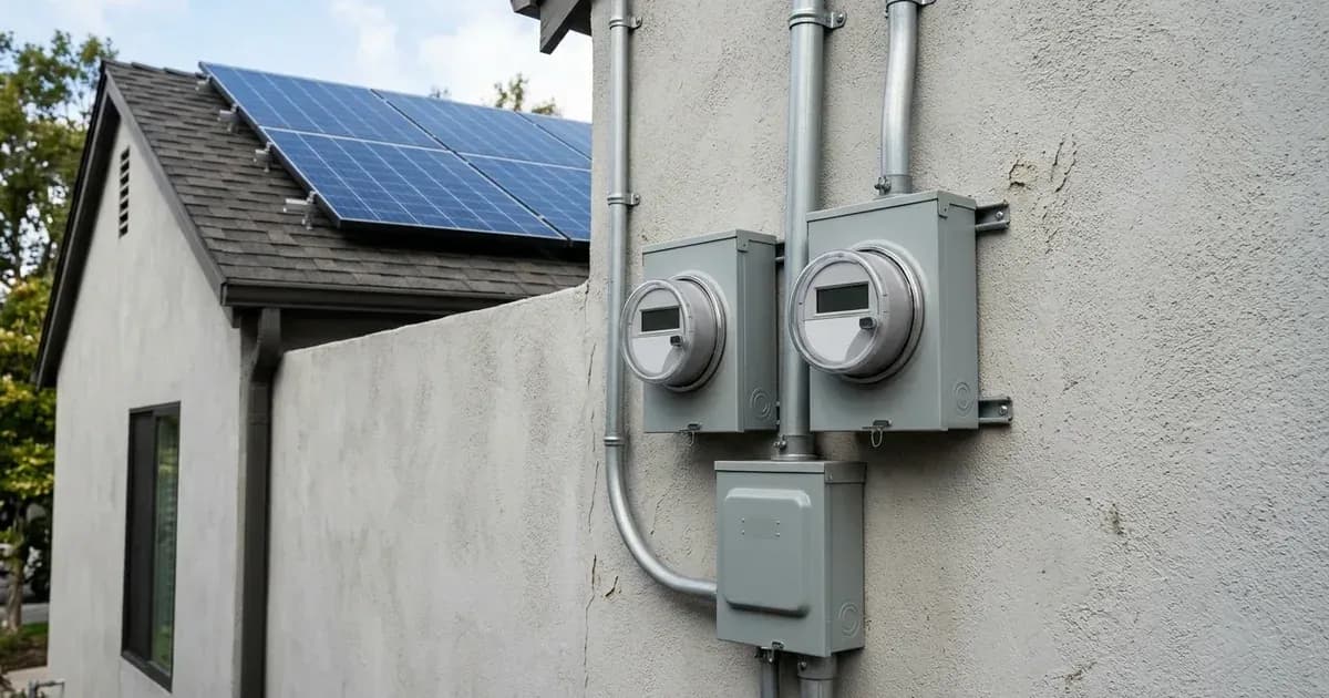 Dual digital electric utility meters and disconnect box installed on an exterior home wall with solar panels. — SolarNevs spec card