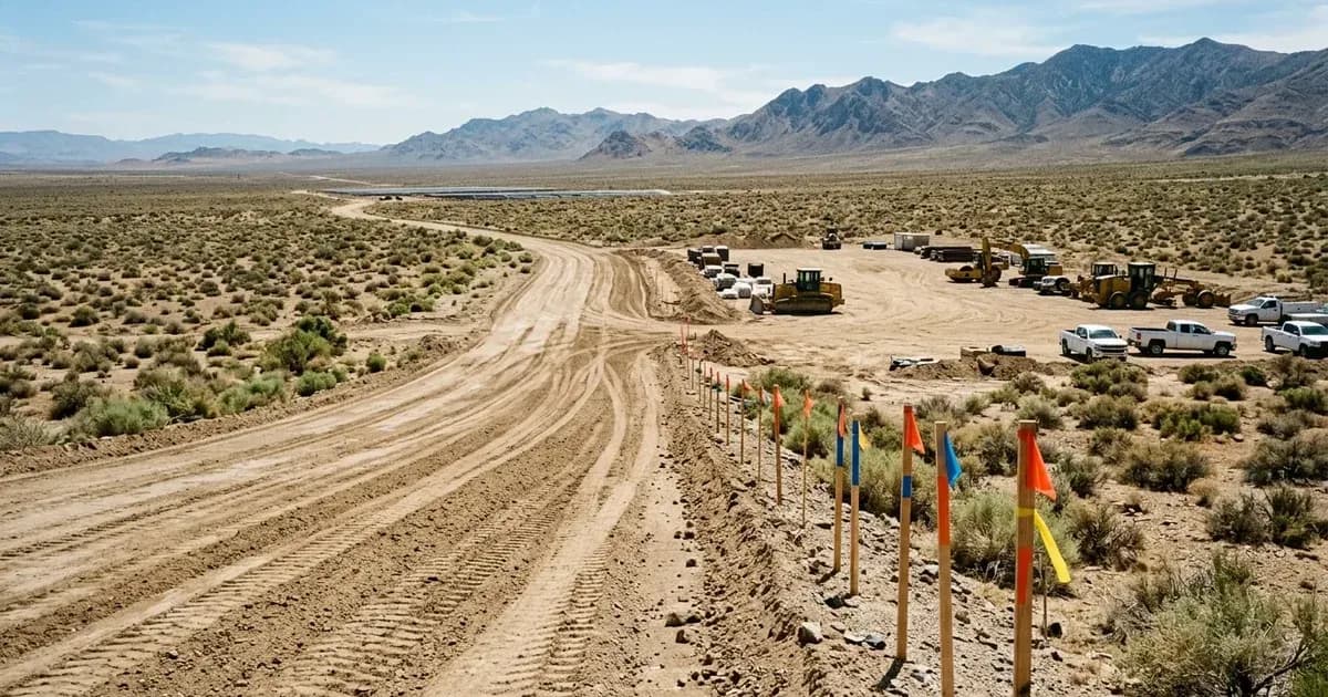 Graded desert access road and equipment laydown area marked with survey stakes for a solar project. — SolarNevs spec card