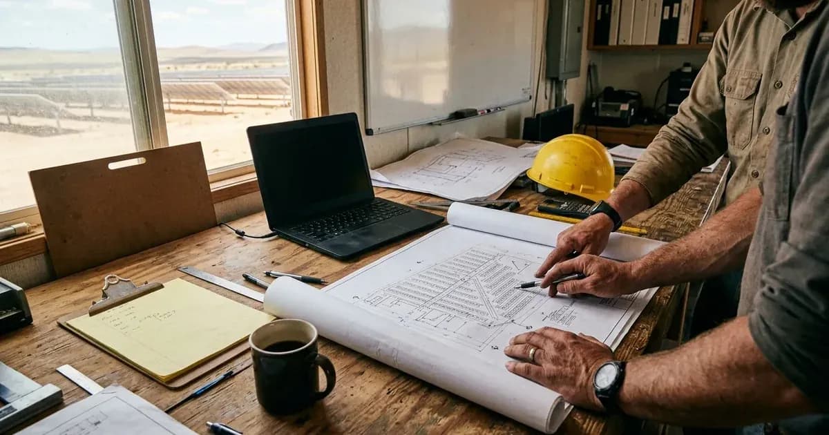 Engineers reviewing solar site layout blueprints on a desk in a field office overlooking the solar array. — SolarNevs spec card