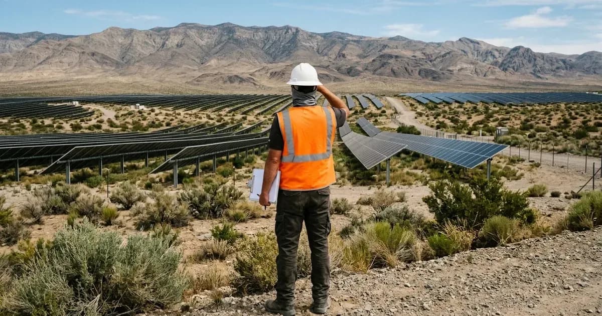 Inspector in safety vest viewed from behind surveying a utility-scale solar array on desert public land. — SolarNevs spec card