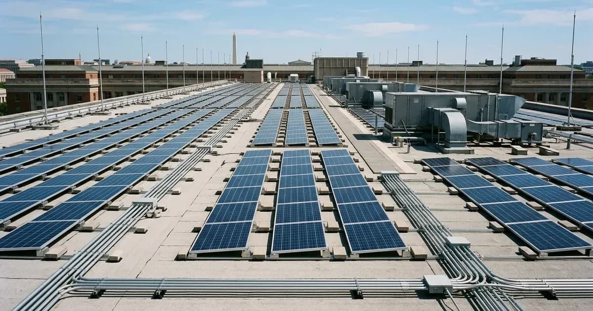 Commercial ballast-mounted solar panel array and electrical conduit on a flat institutional rooftop. — SolarNevs spec card